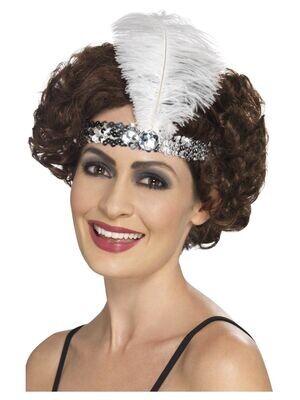 Head band 20s   silver & white feather