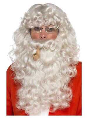 Santa Dress Up Kit, WHITE , with Wig, Beard, Glasses & Pipe, Deluxe