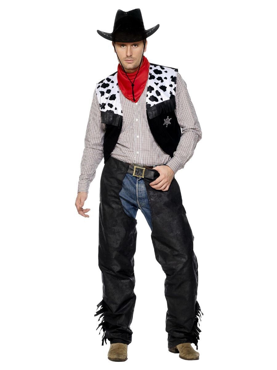 Cowboy Costume, Black, with Chaps, Waistcoat, Belt & Neckerchief