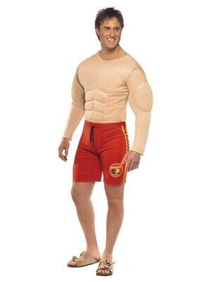 Baywatch Lifeguard Costume, Red, with Muscle Chest &amp; Attached Shorts (Medium)