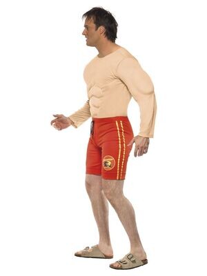 Baywatch Lifeguard Costume, Red, with Muscle Chest &amp; Attached Shorts (Medium)