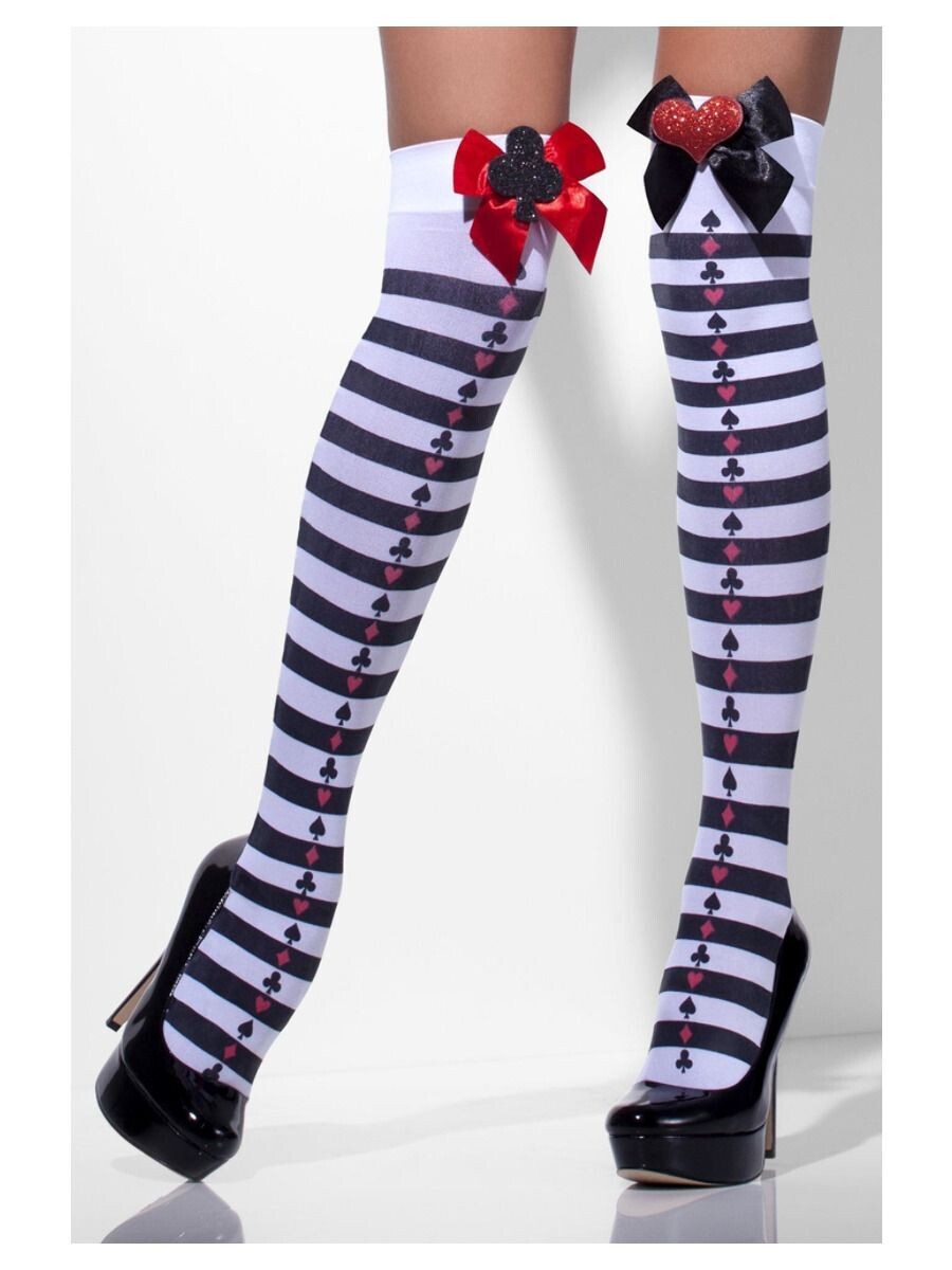 Opaque Hold-Ups, Black & White, Striped with Red Bows