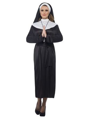 Nun Costume, Black, with Dress, Belt &amp; Headdress