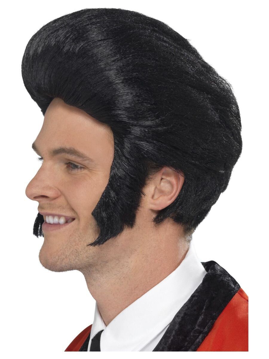 50s Quiff King Wig, Black, with Sideburns