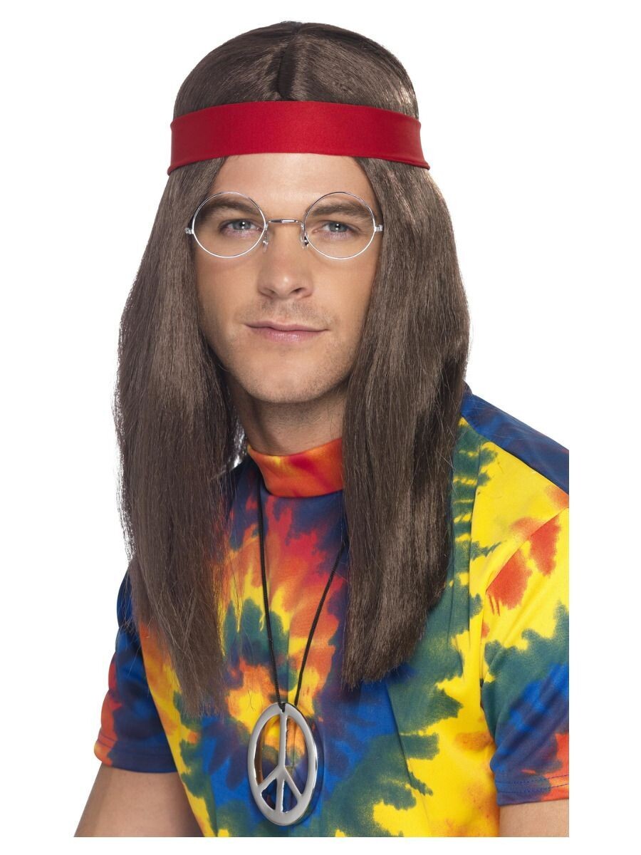 Hippie Man Kit, Brown, with Wig, Specs, Medallion & Headband