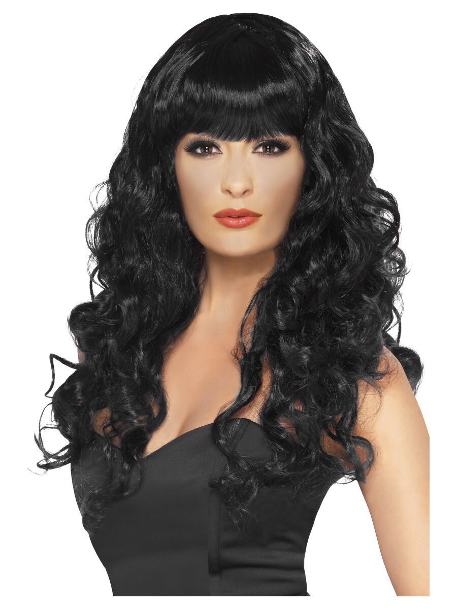 Siren Wig, Black, Long, Curly with Fringe