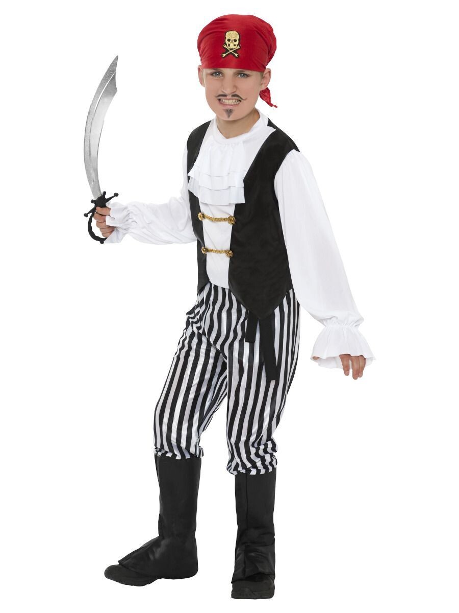 Pirate Costume, Black & White, with Shirt, Trousers, Bootcovers, Headscarf & Belt
Small age 4 to 6 years