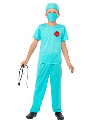 Surgeon Costume, Blue, with Top, Trousers, Hat, Mask & Stethoscope