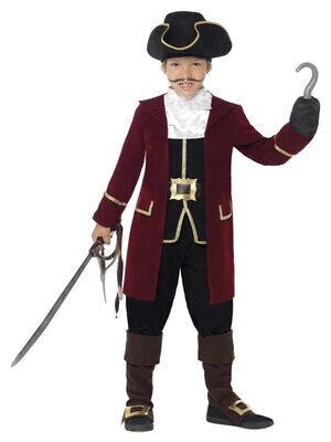 Pirate Captain Costume, Black, Jacket, Mock Waistcoat, Trousers, Neck Scarf &amp; Hat