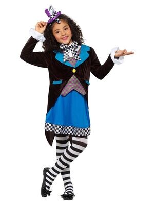 Little Miss Hatter Costume, Multi-Coloured, with Dress, Attached Waistcoat, Cravat & Top Hat"
Small 4 to 6 years