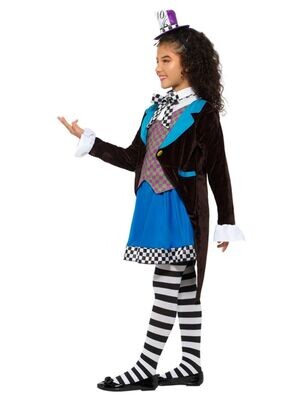 Little Miss Hatter Costume, Multi-Coloured, with Dress, Attached Waistcoat, Cravat &amp; Top Hat" Small 4 to 6 years