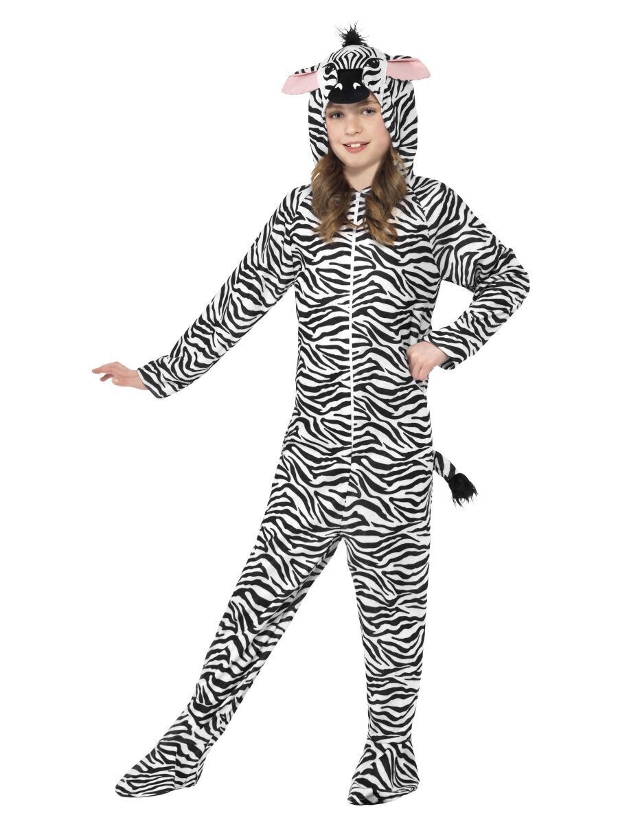 Zebra Costume, Black & White, with Hooded Jumpsuit
Medium ( 7 to 9 years )