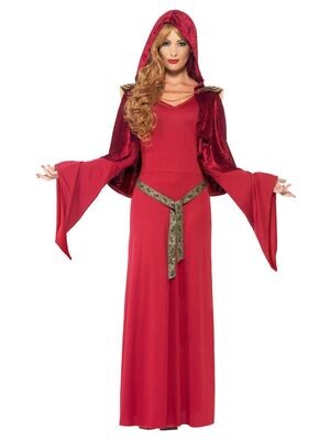 High Priestess Costume, Red, with Dress, Belt & Hooded Cape.
Small 8 to 10