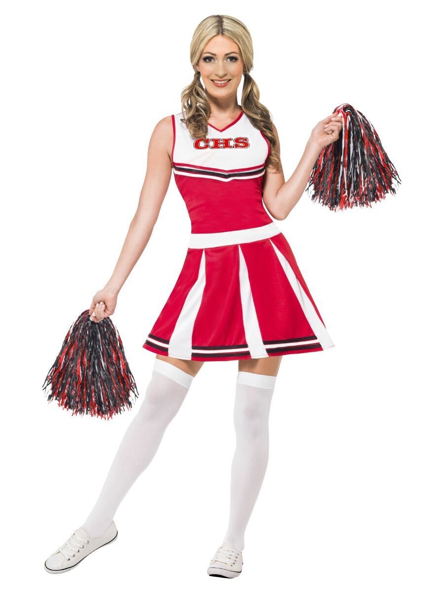 Cheerleader Costume, Red, with Dress & Pom Poms" - Red - SMALL 8 to 10