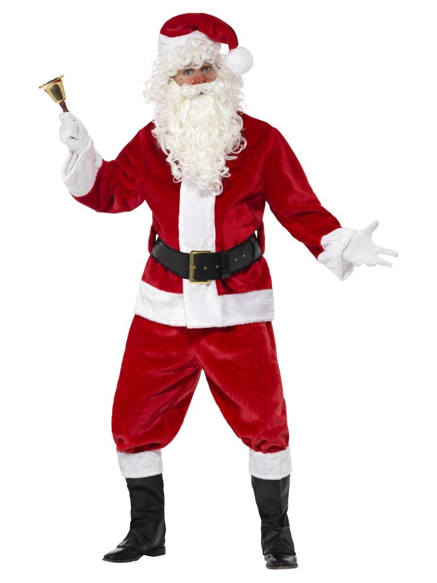 Santa Costume & Hat, Red, with Jacket, Trousers, Belt, Gloves & Boot Covers