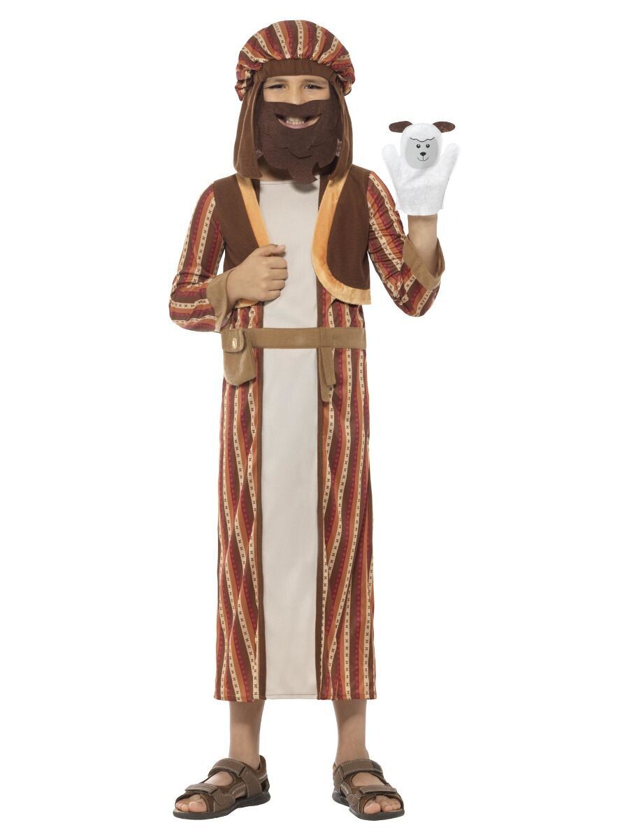 Nativity Shepherd Costume, Brown, with Robe, Headpiece, Attached Beard & Sheep Puppet - LARGE