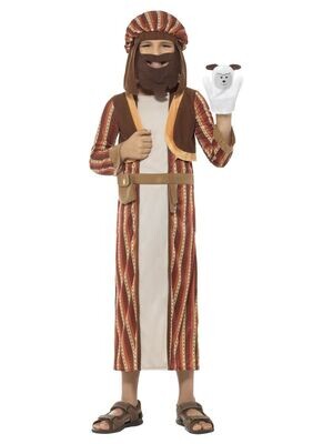 Nativity Shepherd Costume, Brown, with Robe, Headpiece, Attached Beard & Sheep Puppet - SMALL