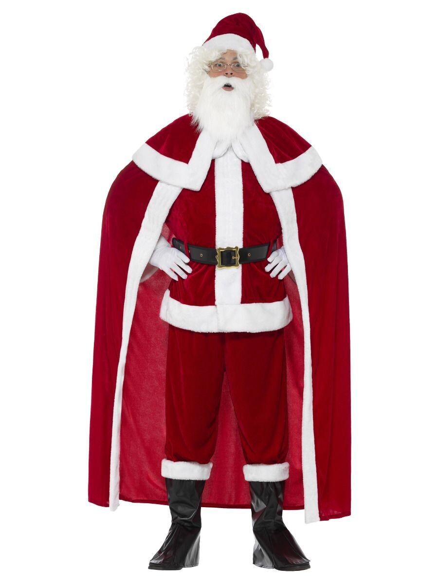 Santa Claus Costume, Red with Trousers, Jacket, Cape, Belt, Bootcovers, Gloves, Beard & Hat - EXTRA LARGE