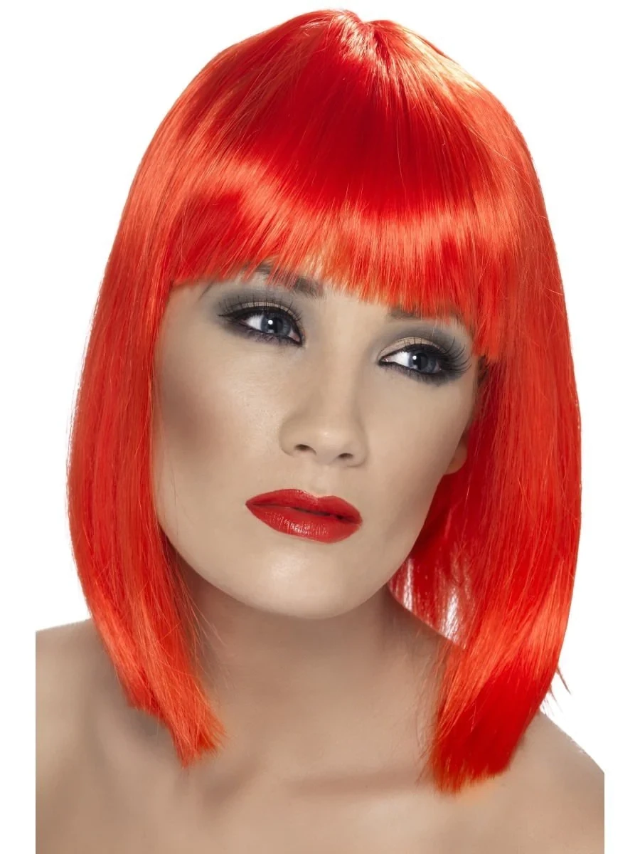 Glam Wig, Neon Red, Short, Blunt with Fringe