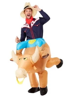 Inflatable Bull Rider Costume, Brown, All In One with Self Inflating Fan