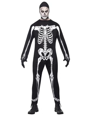 Skeleton Costume, Black, with Jumpsuit, Hood & Gloves