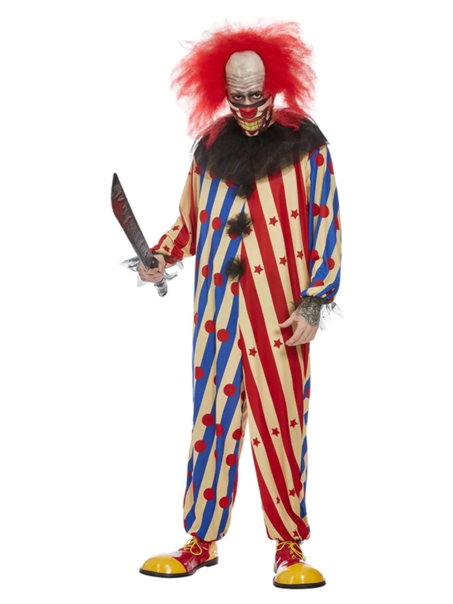 Creepy Clown Costume, Red & Blue, All In One, Neck Ruffle & Mask