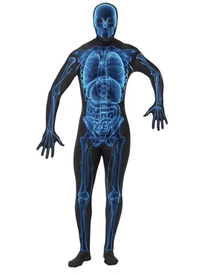 X Ray Costume, Second Skin Suit, Blue & Black, with Concealed Fly and Under Chin Opening - Large