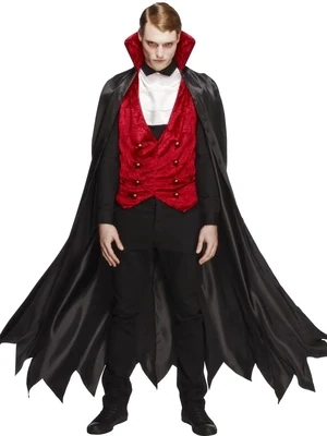 Vampire Costume, Black & Red, with Waistcoat, Cape and Cravat