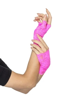 80s Fingerless Lace Gloves, Neon Pink, Short