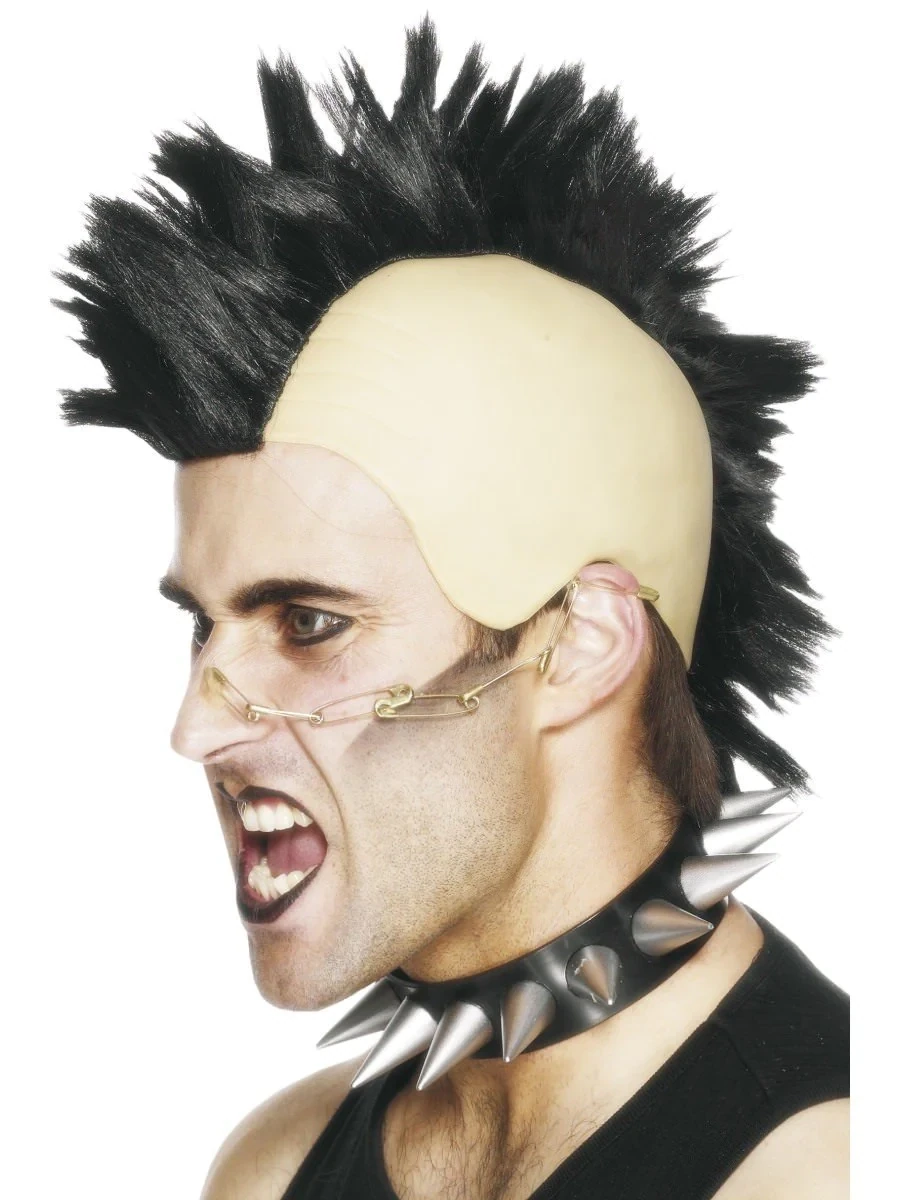 Mohican Wig, - Punk Black, with Latex Cap