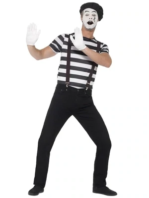 Gentleman Mime Artist Costume, Black, with Top, Beret, Gloves, Braces & Make-Up