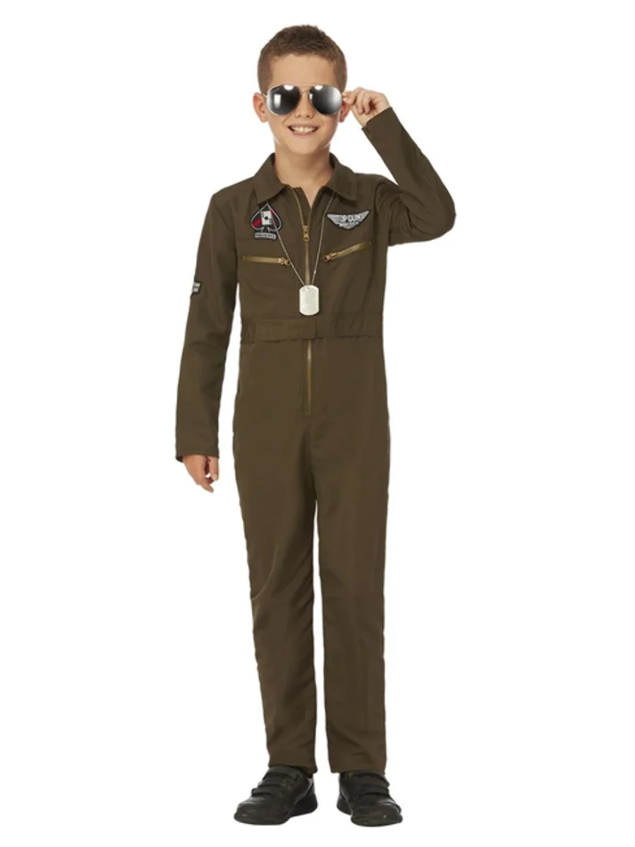 Top Gun Maverick Child's Aviator Costume, Green, with Jumpsuit & Changeable Name Badges - Kids