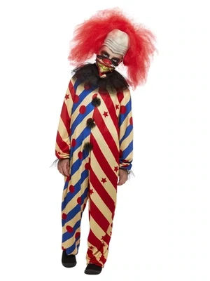 Creepy Clown Costume, Red & Blue, All In One, Neck Frill & Mask (Kids)