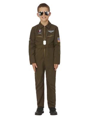 Top Gun Maverick Child's Aviator Costume, Green, with Jumpsuit &amp; Changeable Name Badges - Kids