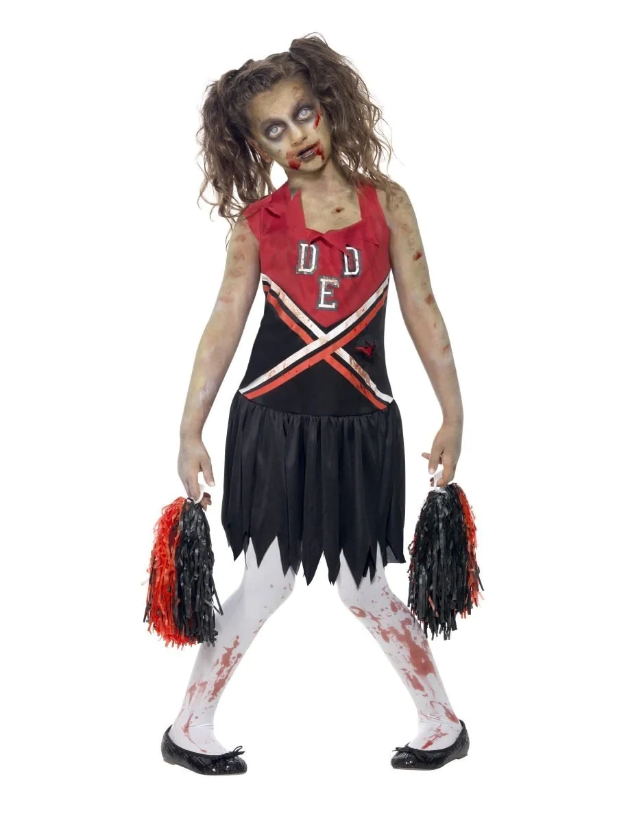 Zombie Cheerleader Costume, Red &amp; Black, with Blood Stained Dress &amp; Pom Poms