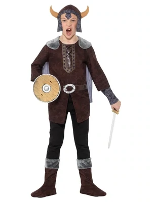 Viking Boy Costume, Brown, with Top, Attached Cape, Hat & Boot Covers