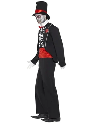 Day of the Dead Costume, Black, with Jacket, Mock Shirt Front, Hat and Gloves