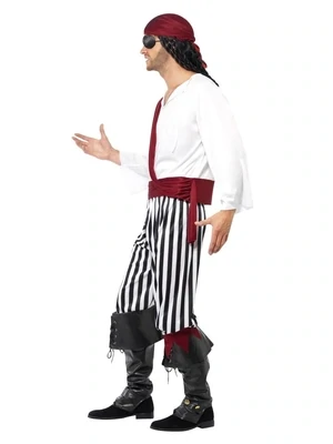 Pirate Man Costume, Black &amp; White, with Shirt, Trousers, Headpiece &amp; Belt