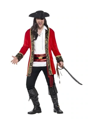 Curves Pirate Captain Costume, Red, with Jacket, Shirt &amp; Waist Sash