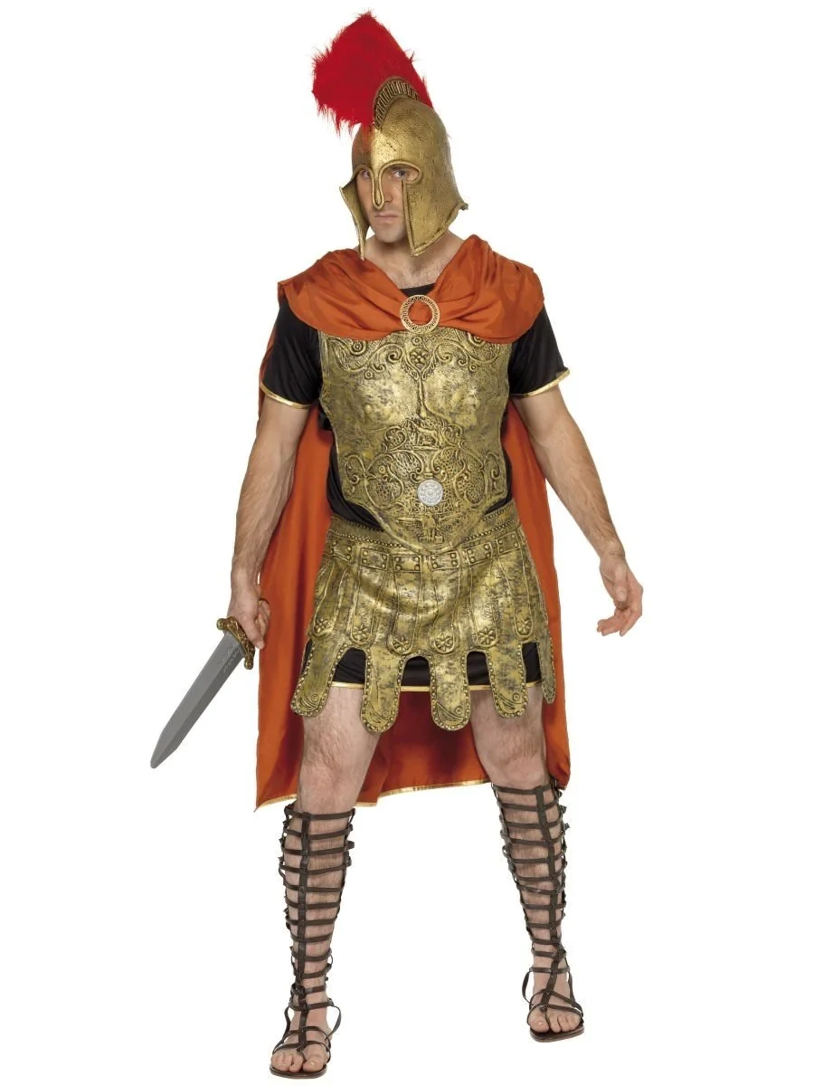 Deluxe Roman Soldier Costume, Gold, with Cape, Tunic, Latex Breastplate &amp; Latex Skirt - Medium