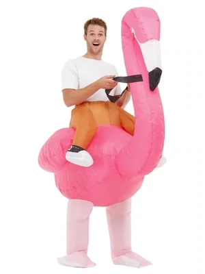 Inflatable Ride Em Flamingo Costume, Pink, with Oversized Bodysuit & Self Inflating Fan