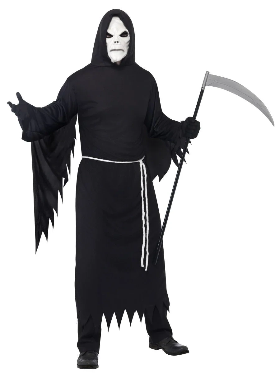 Grim Reaper Costume, Black, with Hooded Robe, Mask &amp; Belt -Medium, Size: Large