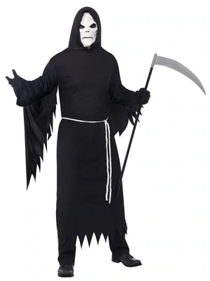 Grim Reaper Costume, Black, with Hooded Robe, Mask & Belt -Medium