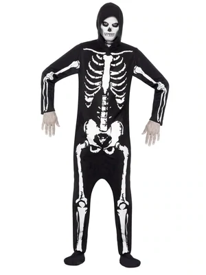 Skeleton Costume, Black, with Hooded All in One