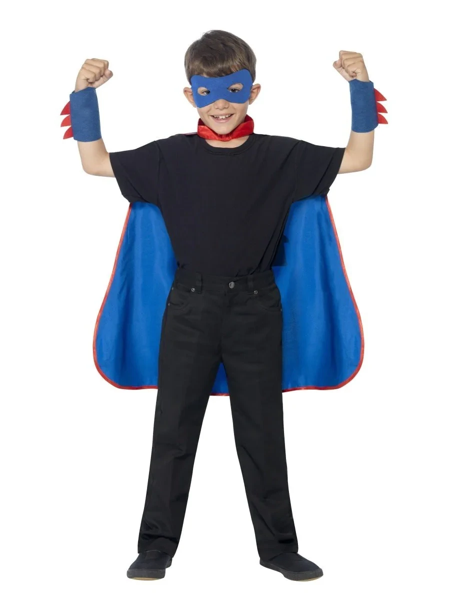 Super Hero Kit, Blue, with Cape, Eye Mask &amp; Cuffs - Kids