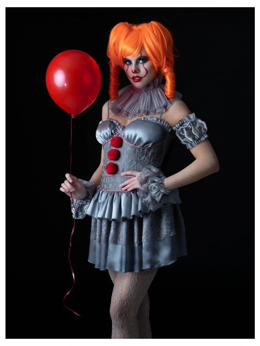 IT Chapter Two, Pennywise Ladies Costume, Mini Dress, Sleeves, Neck Ruffle, Cuffs & Tights - Clown