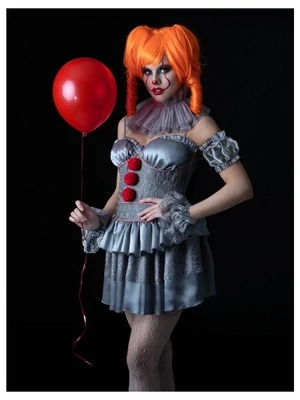 IT Chapter Two, Pennywise Ladies Costume, Mini Dress, Sleeves, Neck Ruffle, Cuffs &amp; Tights - Clown