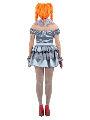 IT Chapter Two, Pennywise Ladies Costume, Mini Dress, Sleeves, Neck Ruffle, Cuffs &amp; Tights - Clown