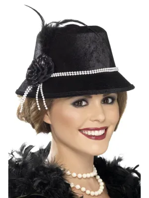 20s Hat, Black, with Beads &amp; Flower