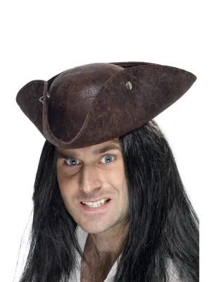 Pirate Tricorn Hat, Brown, Broken Leather Look